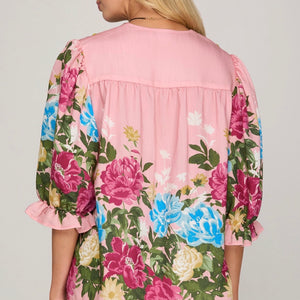 PINK SHORT SLEEVE BUTTON DOWN PRINTED TOP