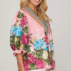 PINK SHORT SLEEVE BUTTON DOWN PRINTED TOP