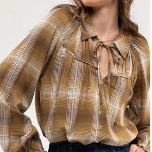 PLAID COLLARED PEASANT LONG SLEEVE BLOUSE