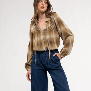 PLAID COLLARED PEASANT LONG SLEEVE BLOUSE