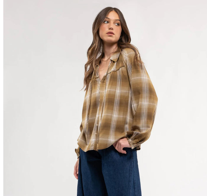 PLAID COLLARED PEASANT LONG SLEEVE BLOUSE