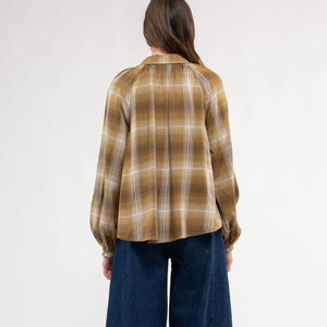 PLAID COLLARED PEASANT LONG SLEEVE BLOUSE