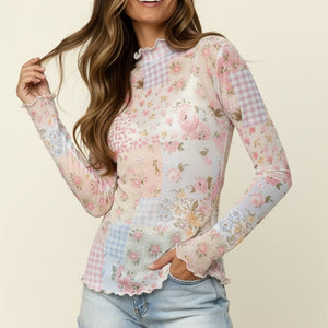 Merrow Hem Long Sleeve Patchwork Mesh Top