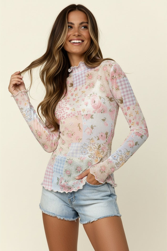 Merrow Hem Long Sleeve Patchwork Mesh Top