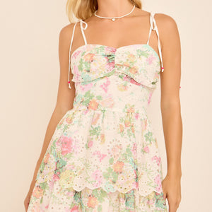 Floral Printed Eyelet Tie Shoulder Mini Dress