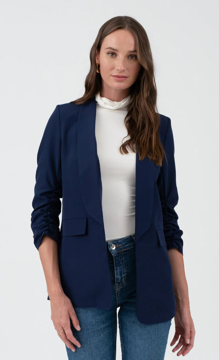 NAVY RUCHED 3/4 SLEEVE SLEEVE BLAZER