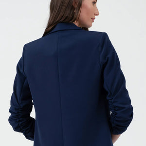 NAVY RUCHED 3/4 SLEEVE SLEEVE BLAZER