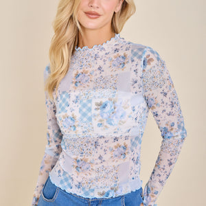 Patchwork Floral Mock Neck Top