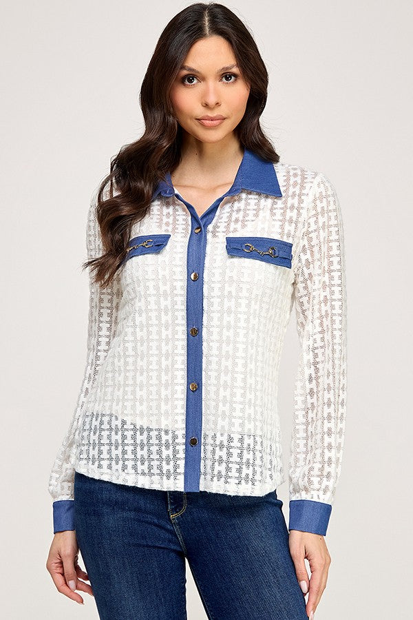 Contrast Detail Lace Long Sleeve Button Down Top with Gold Button