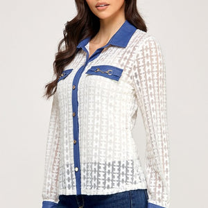 Contrast Detail Lace Long Sleeve Button Down Top with Gold Button