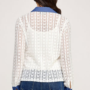 Contrast Detail Lace Long Sleeve Button Down Top with Gold Button