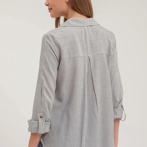 BLACK STRIPED COLLARED BUTTON DOWN WITH POCKETS