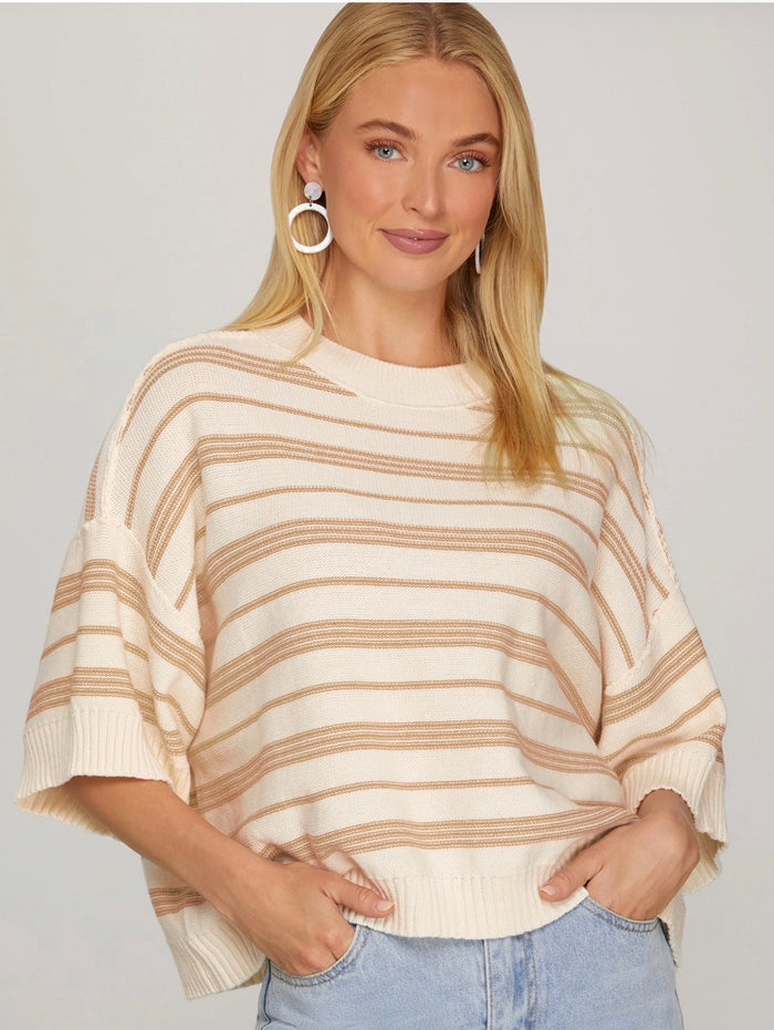 DROP HALF SLEEVE ROUND NECK STRIPED KNIT SWEATER TOP