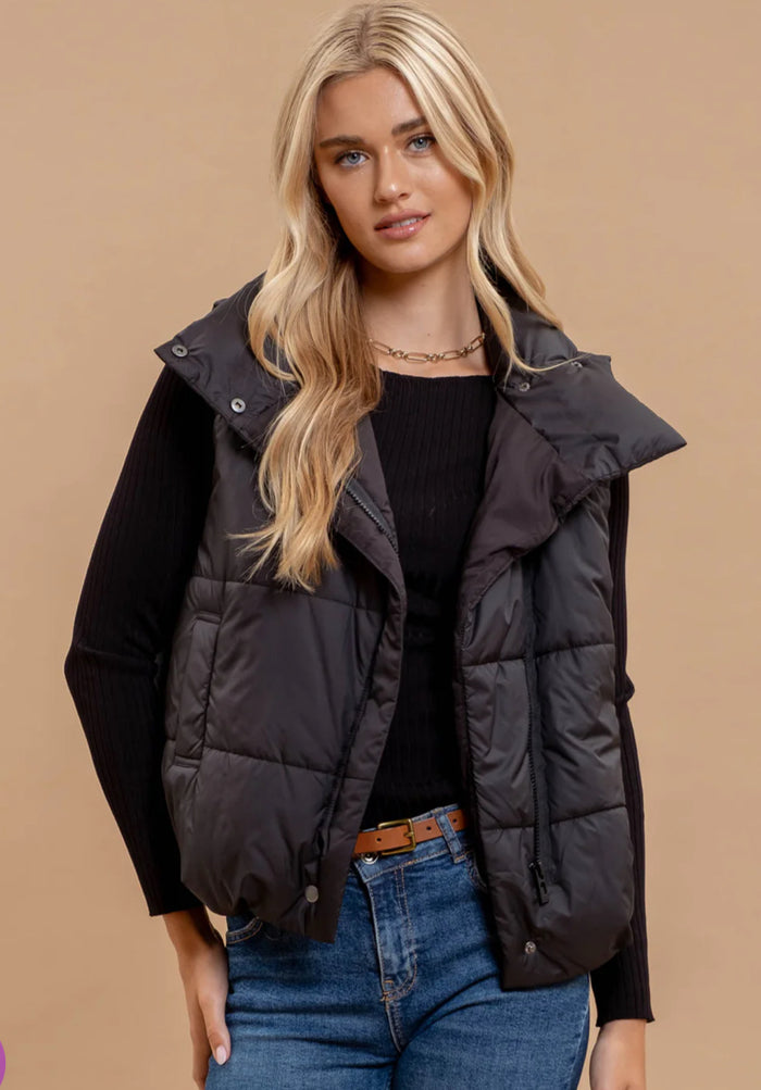 BLACK ASYMMETRICAL ZIP UP HIGH NECK PUFFER VEST