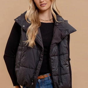 BLACK ASYMMETRICAL ZIP UP HIGH NECK PUFFER VEST