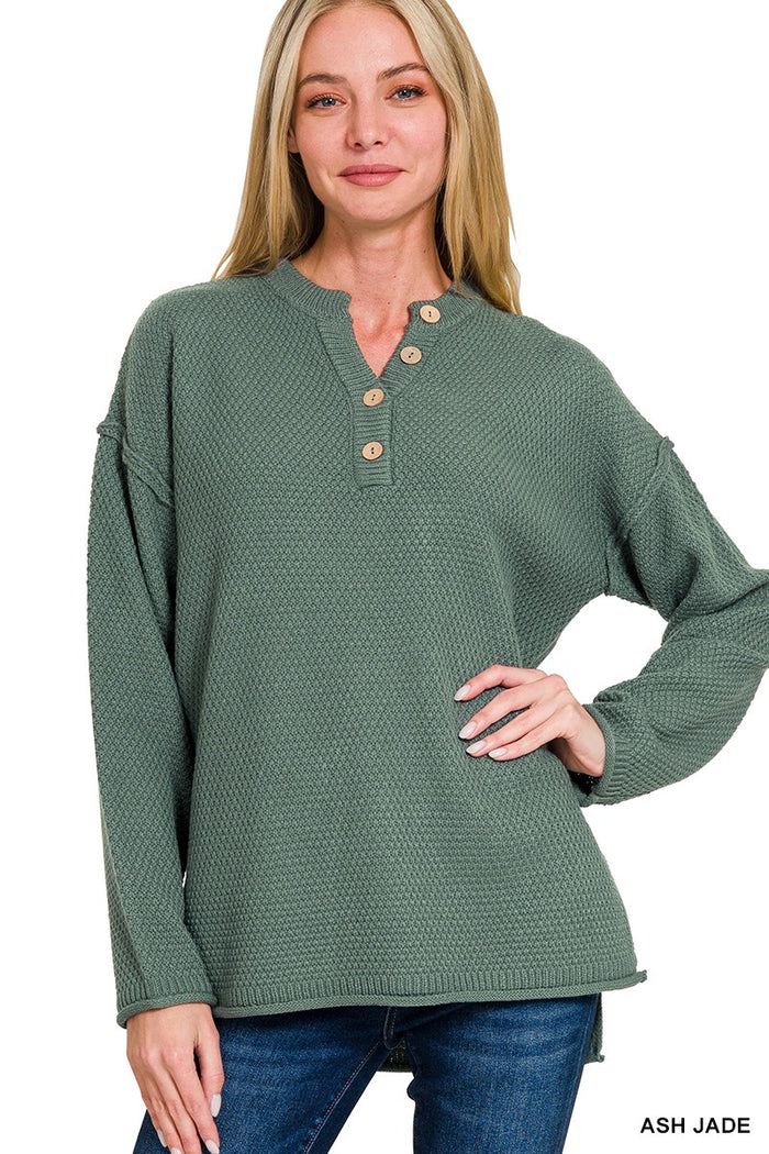 4 BUTTONS HENLEY NECKLINE BASIC SWEATER