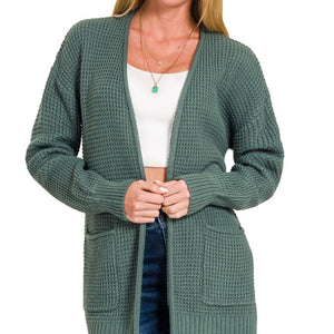 LOW GAUGE WAFFLE OPEN CARDIGAN SWEATER, 2 COLORS