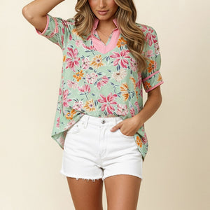 Notch Neck Color Block Floral Print Top