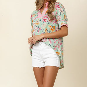 Notch Neck Color Block Floral Print Top