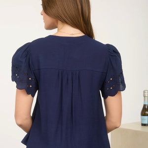 NAVY EYELET DETAIL BUTTON DOWN SCALLOP SLEEVE TOP