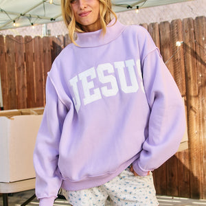 JESUS lavender Embroidered Mock Neck Sweatshirt
