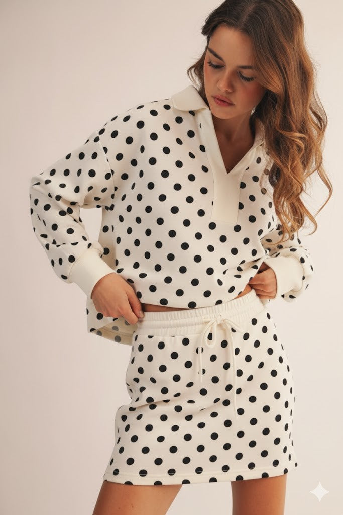 Polka Dot Collared Top And Skirt Set