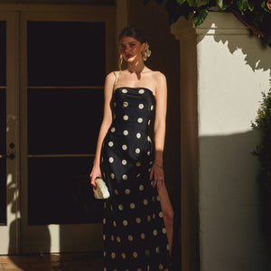 BLACK POLKA DOT STRAPLESS DRESS