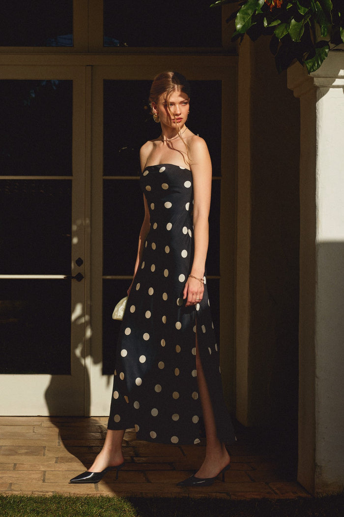 BLACK POLKA DOT STRAPLESS DRESS