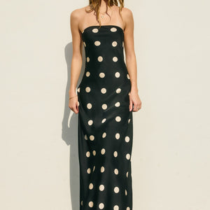 BLACK POLKA DOT STRAPLESS DRESS