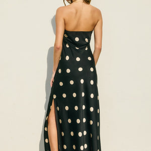 BLACK POLKA DOT STRAPLESS DRESS