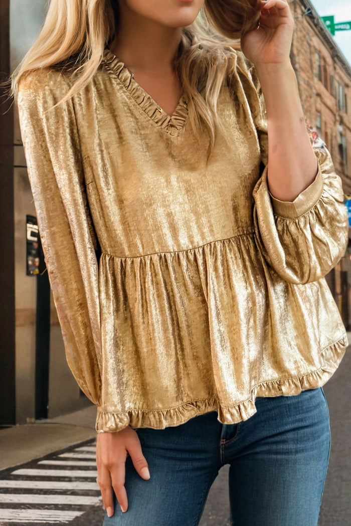 Frilled V Neck Puff Sleeve Babydoll Blouse