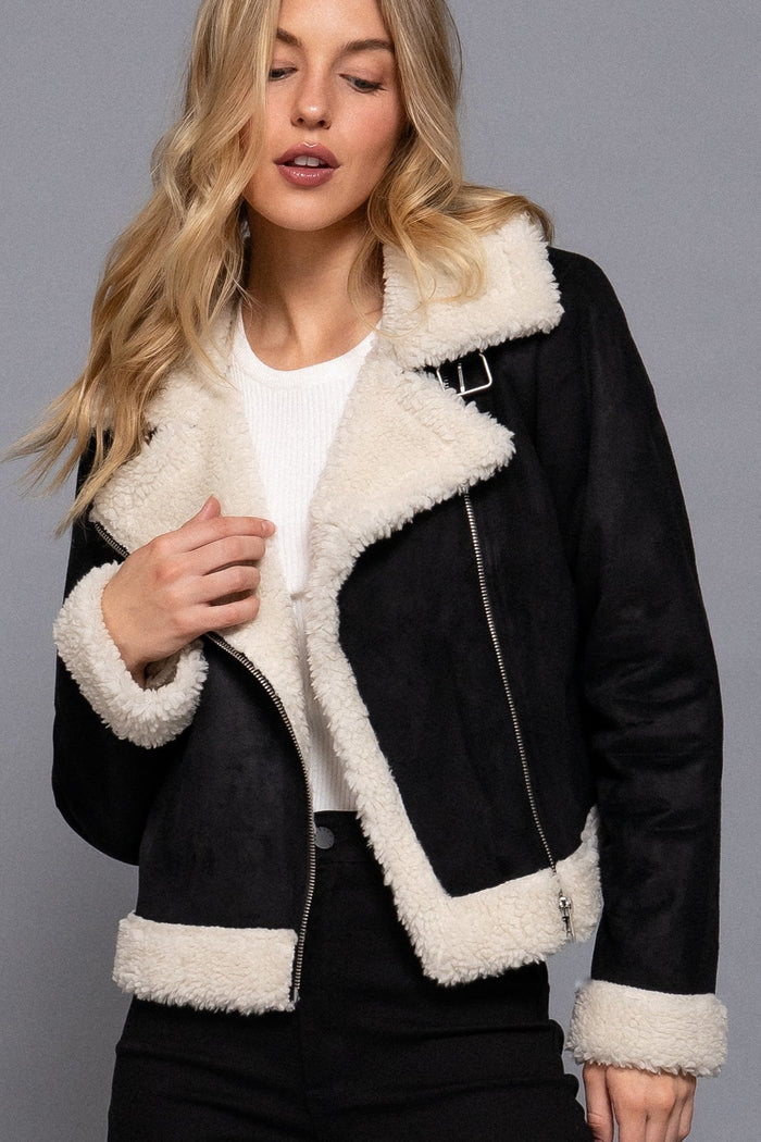 FAUX SUEDE INNER FUR BIKER JACKET