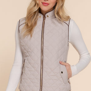 Taupe SUEDE PIPING DETAIL RIB QUILTED PADDING VEST