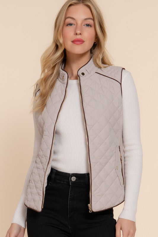 Taupe SUEDE PIPING DETAIL RIB QUILTED PADDING VEST