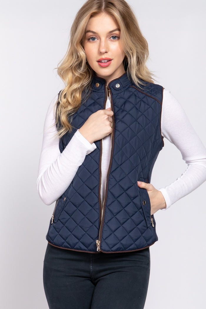 Navy SUEDE PIPING DETAIL RIB QUILTED PADDING VEST