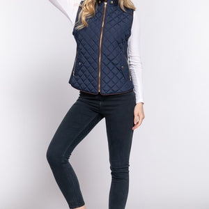 Navy SUEDE PIPING DETAIL RIB QUILTED PADDING VEST