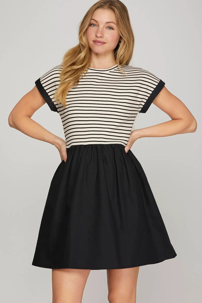 CONTRAST CAP SLEEVE STRIPED DRESS