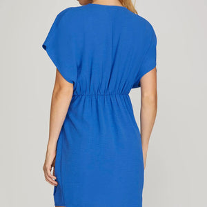 Blue Dolman V Neck Dress