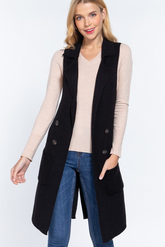 SLEEVELESS NOTCHED COLLAR LONG SWEATER VEST