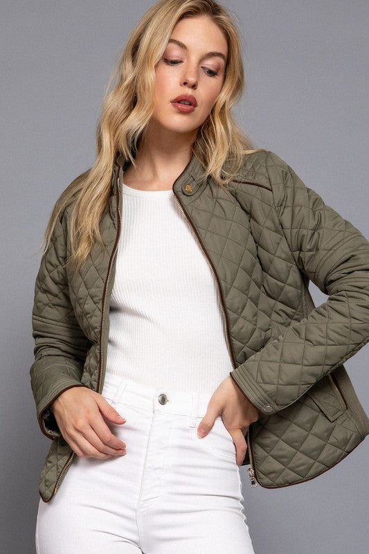 SUEDE PIPING RIB QUILTED PADDING JACKET