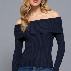 NAVY LONG SLV OFF THE SHOULDER SWEATER