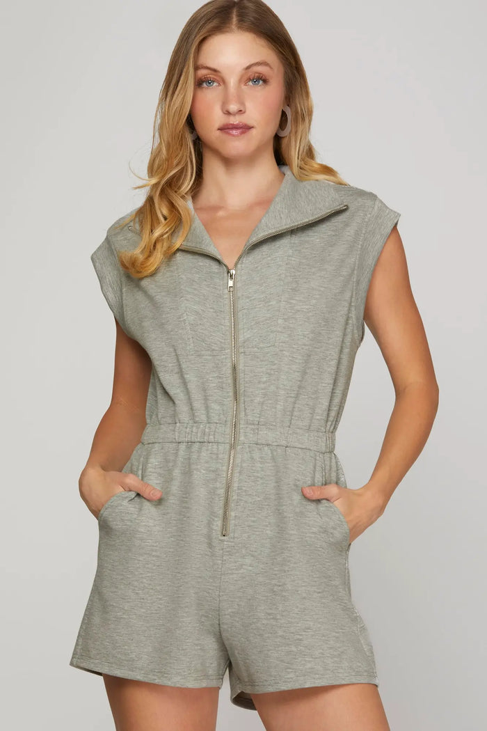 Gray KNIT ROMPER WITH POCKETS