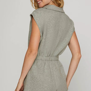 Gray KNIT ROMPER WITH POCKETS