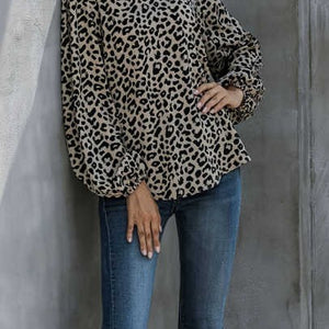 Leopard Printed V Neck Puff Sleeve Blouse