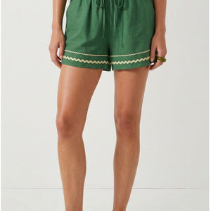 Green Contrast Trim Linen Short Set