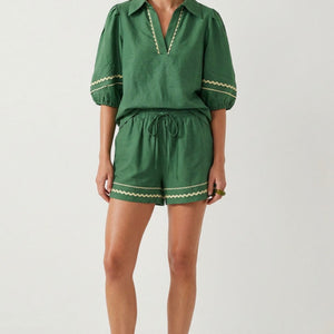 Green Contrast Trim Linen Short Set