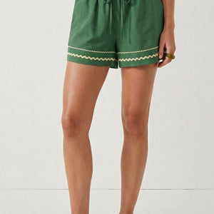Green Contrast Trim Linen Short Set