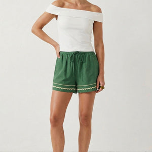 Green Contrast Trim Linen Short Set