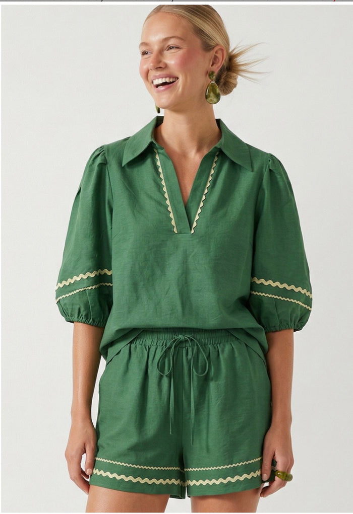 Green Contrast Trim Linen Short Set