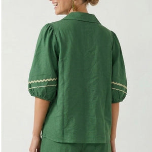 Green Contrast Trim Linen Short Set